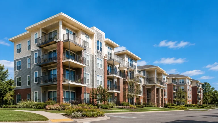 Modern apartment buildings representing average rent by state in 2026.