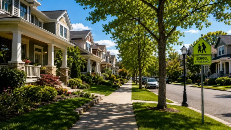Tree-lined residential street with houses, sidewalks, parked cars, and a school crossing sign for a guide on how to choose a neighborhood.
