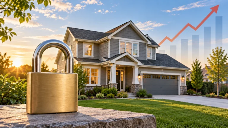 Padlock in front of a suburban home illustrating the mortgage rate lock-in effect