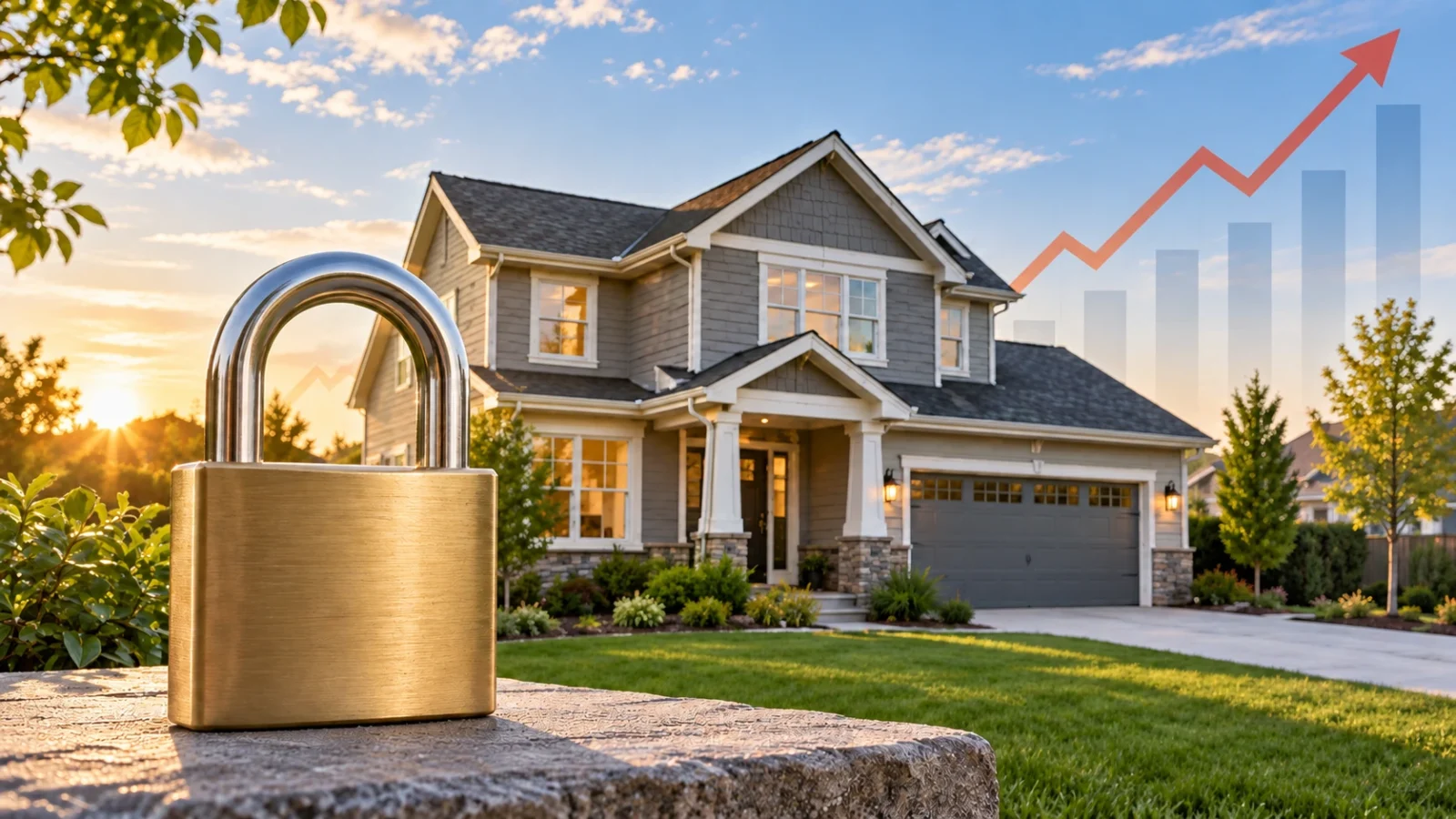 Padlock in front of a suburban home illustrating the mortgage rate lock-in effect