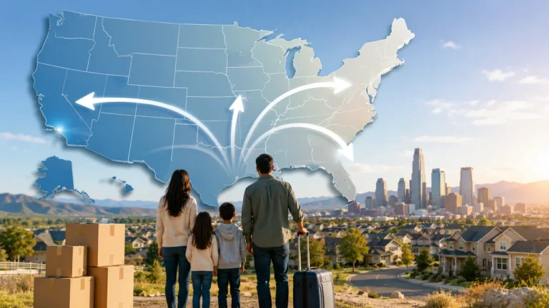 U.S. migration trends showing a family relocating, moving boxes, a U.S. map, and migration arrows toward different regions