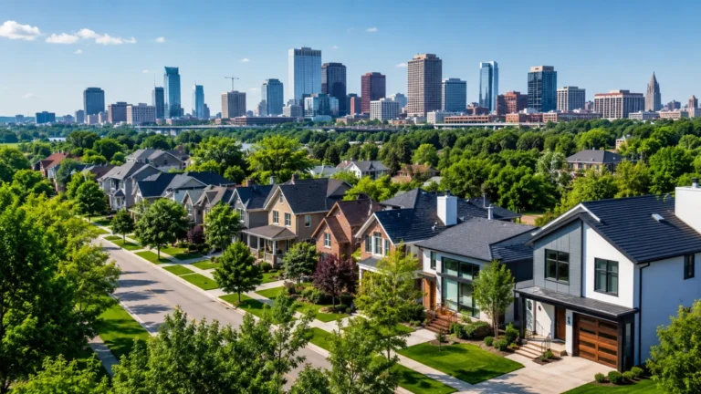 U.S. neighborhood with homes, streets, green space, and a nearby city skyline