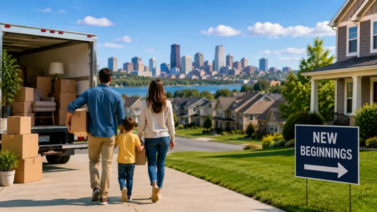 Family relocating to a new U.S. community with a moving truck, suburban homes, and a city skyline