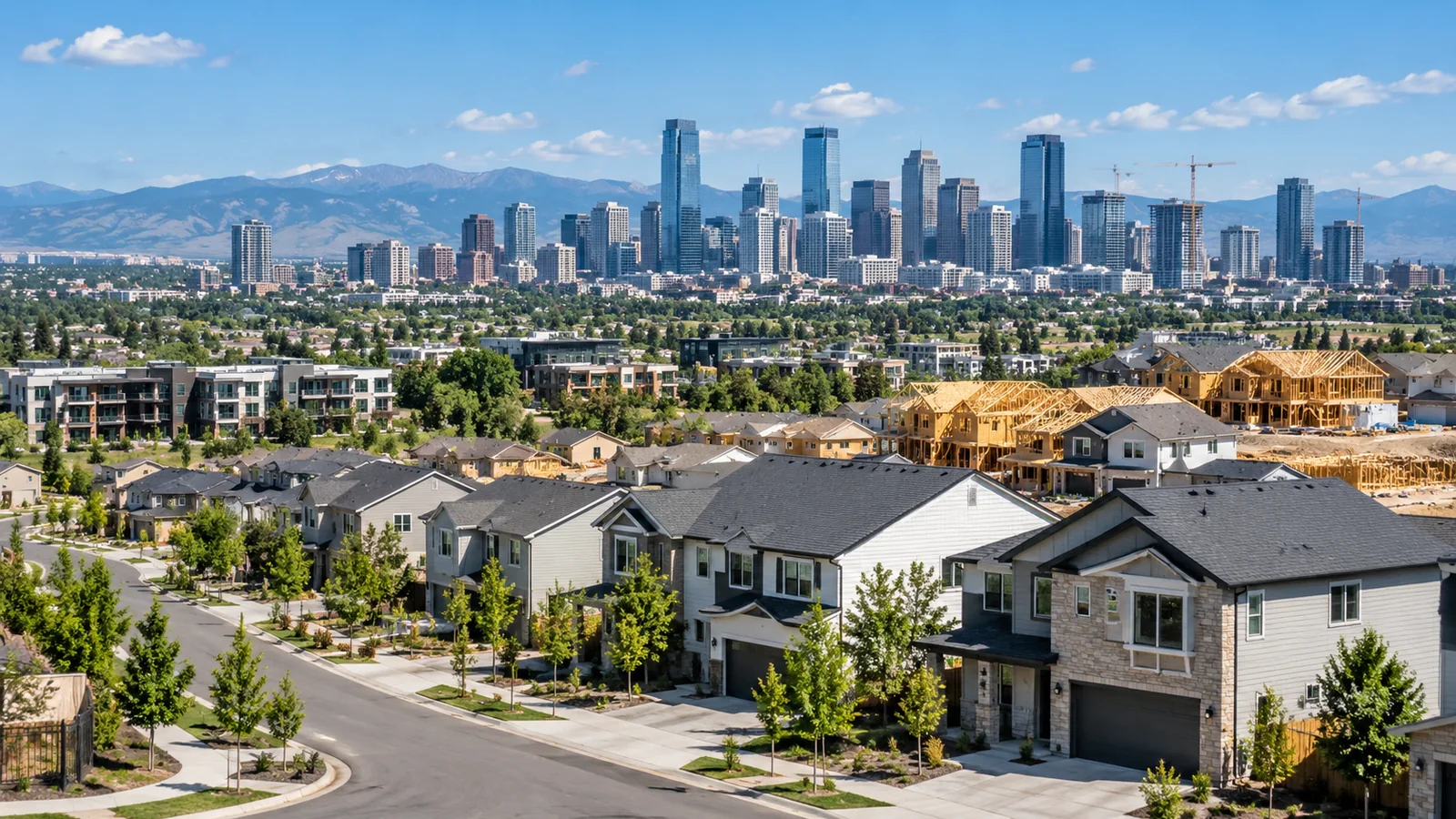 New suburban housing overlooking a downtown skyline in daylight, representing the fastest growing cities in the US