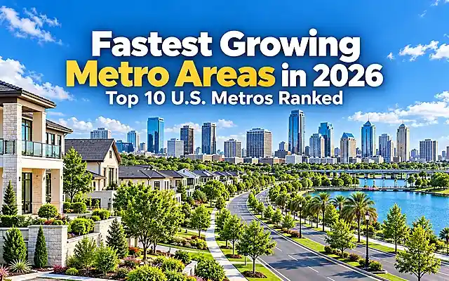 Fastest Growing Metro Areas in 2026 feature image showing a U.S. metro skyline and residential neighborhood