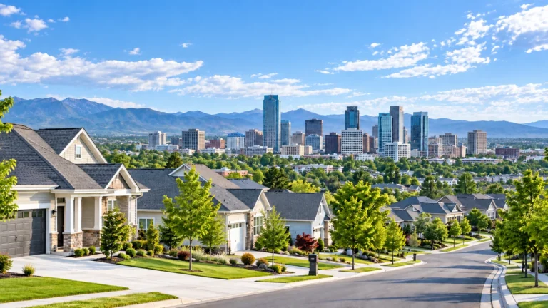 Expanding suburban neighborhood and city skyline at sunset, representing population growth in the fastest growing states in 2026