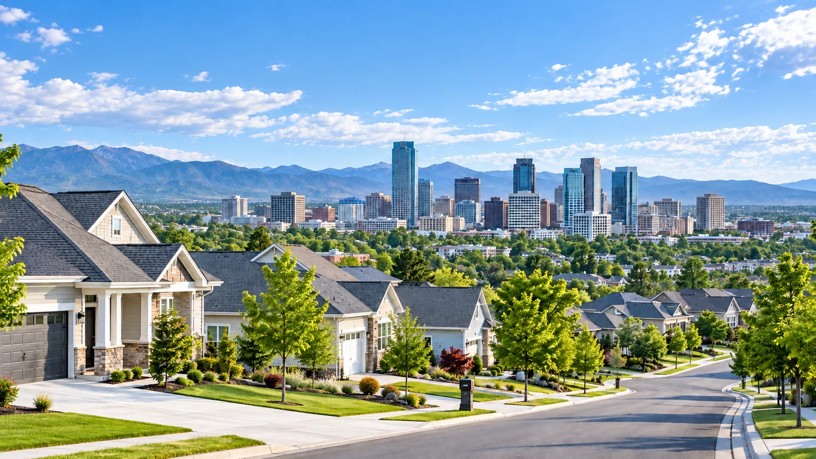 Expanding suburban neighborhood and city skyline at sunset, representing population growth in the fastest growing states in 2026