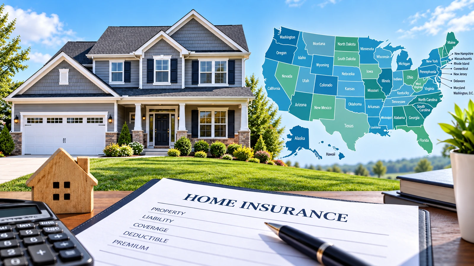 Home insurance rates by state in 2026 shown with a labeled U.S. map and suburban home