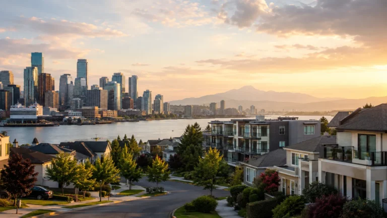 Waterfront city skyline and residential neighborhood at sunset, representing home price appreciation in 2026