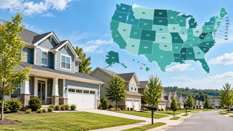 U.S. homeownership rate by state in 2026 shown on a labeled map with suburban homes