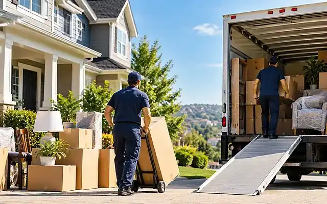 Movers loading boxes and furniture into a moving truck outside a suburban home