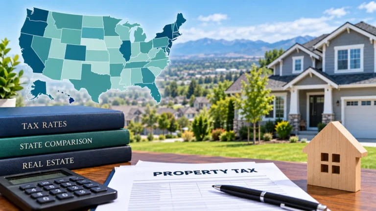 Suburban home with property tax documents, calculator, and U.S. map representing property tax rates by state in 2026