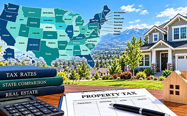 Suburban home with property tax documents, calculator, and U.S. map representing property tax rates by state in 2026