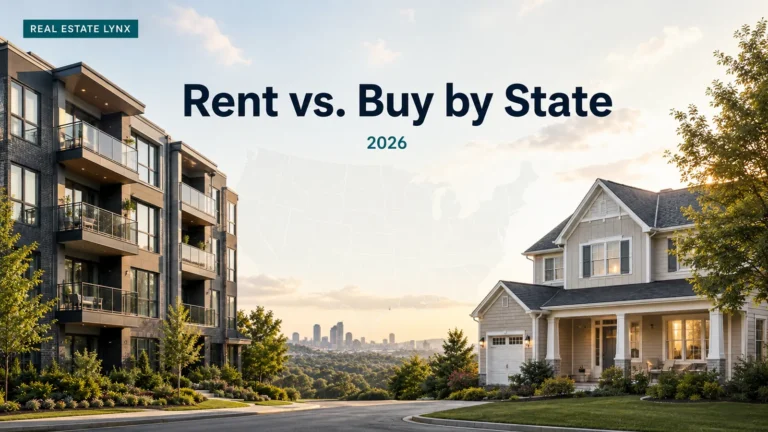 Modern apartment building and suburban house at sunset with a faint U.S. map, representing rent vs buy by state in 2026