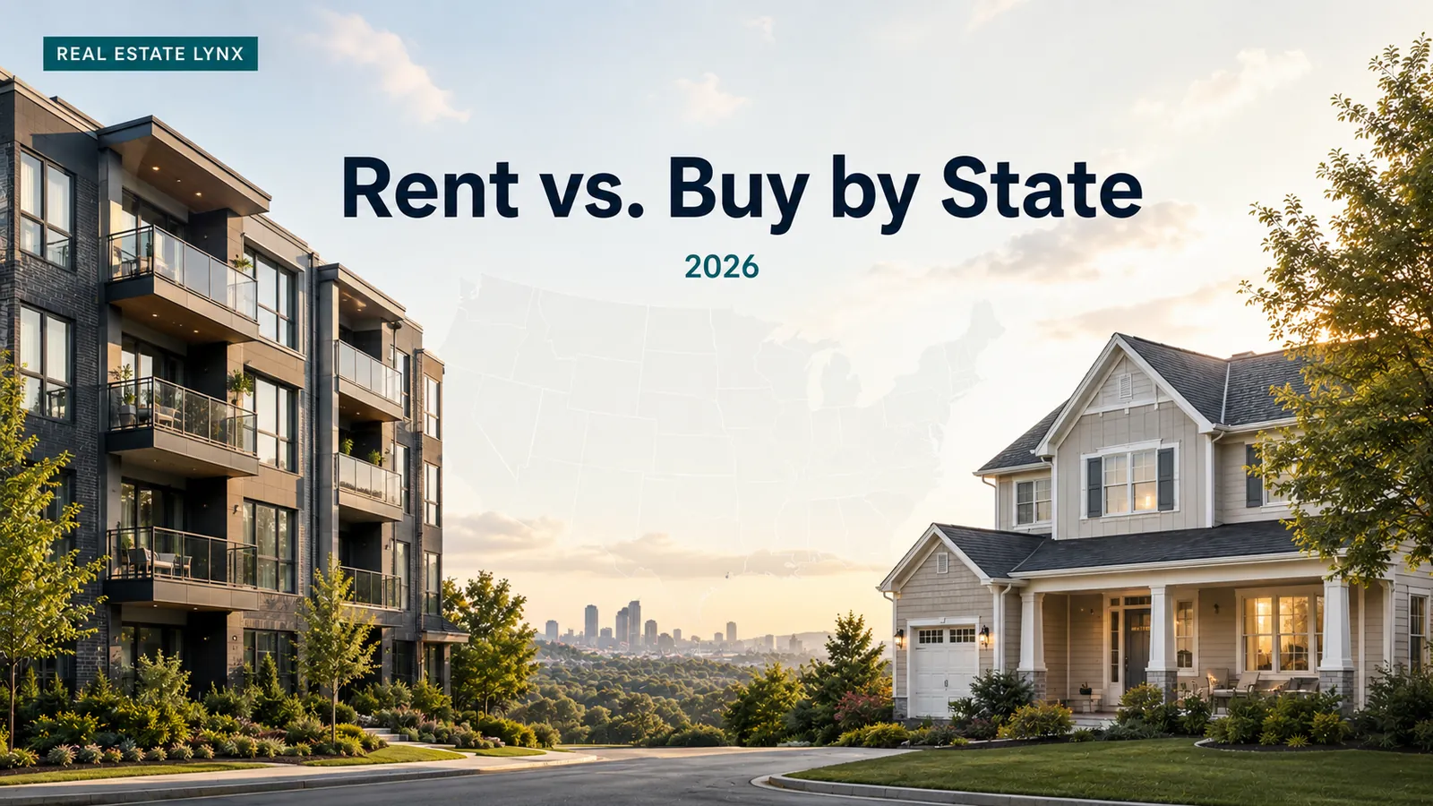 Modern apartment building and suburban house at sunset with a faint U.S. map, representing rent vs buy by state in 2026