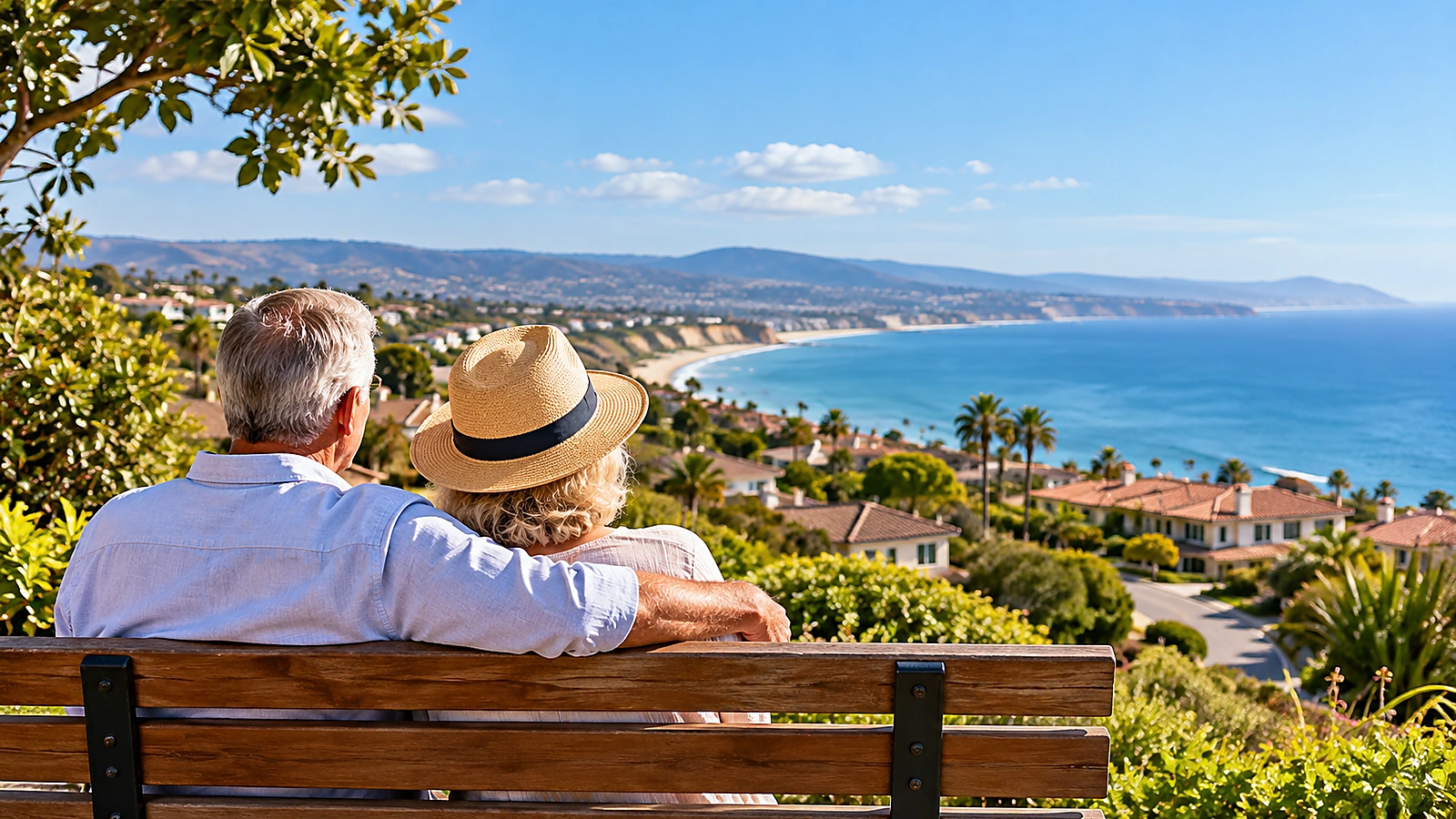 Older couple sitting on a bench overlooking a coastal neighborhood and beach, illustrating where to retire in the U.S.