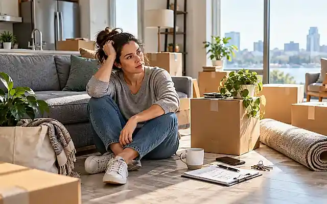 Woman experiencing relocation stress while sitting thoughtfully among moving boxes in a bright, sunlit living room.