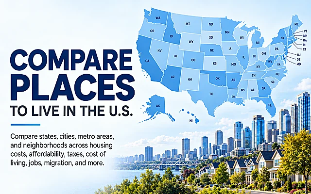 Compare places to live in the U.S. with a labeled map of American states, city skyline, and suburban homes.