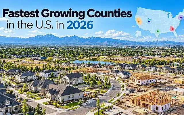 Fastest growing counties in the U.S. in 2026 feature image showing new housing development and a U.S. map.