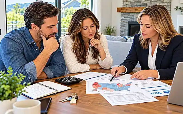 Homebuyers in high property tax states reviewing tax estimates, mortgage costs and a U.S. map with a real estate advisor.