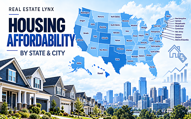 Housing affordability across U.S. states and cities with a labeled United States map