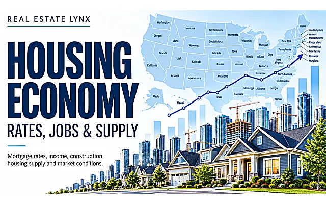 U.S. housing economy illustration showing state map, housing-market trends, residential homes and construction