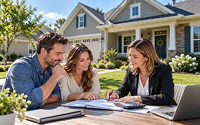 Homebuyers comparing housing costs and low property tax states with a real estate adviser outside a suburban home in bright daylight.