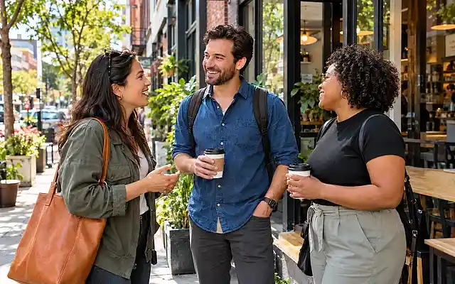 Making friends in a new city: Three people chatting outside a neighborhood café on a sunny day.