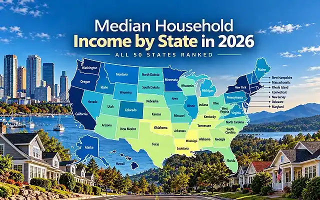 Illustrated map of the United States with state names, accompanying a 2026 median household income by state ranking.