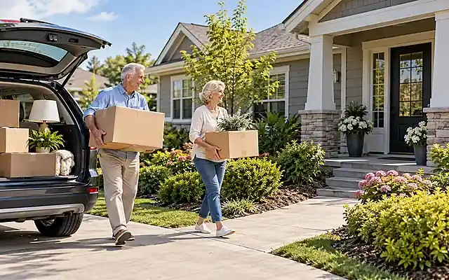 Older couple moving to a retirement community, carrying boxes into their new home on a bright, sunny day.
