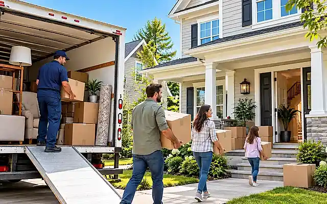 Family carrying moving boxes into a new home beside a moving truck on a sunny day relocation move to a new home.