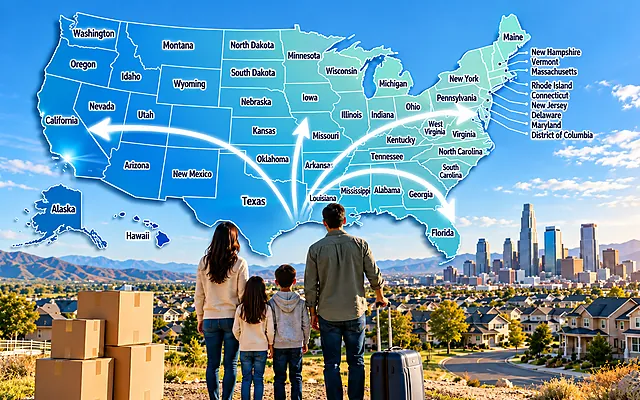 U.S. migration trends illustrated by a labeled map of U.S. states with movement arrows above a family overlooking a residential city.